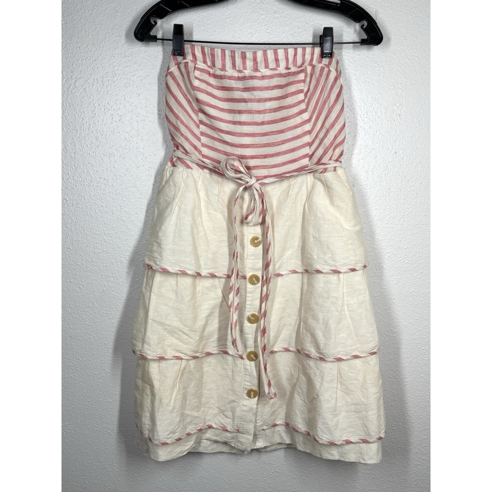 Maeve Anthropologie Strapless Striped Linen Tier Ruffle Dress Women's 8 Belt EUC